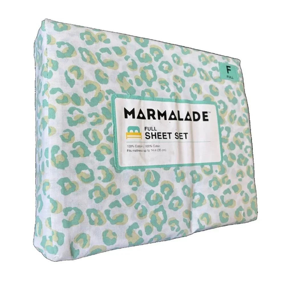 new Marmalade brand Lightweight 100% Cotton Full Sheet Set in Mint Green Leopard